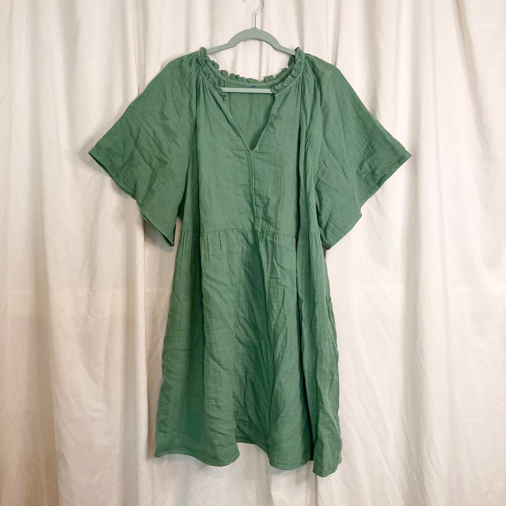 Cottagecore Coastal Green Ruffle Neck Gauze Dress 100% Cotton Old Navy 2X Boho